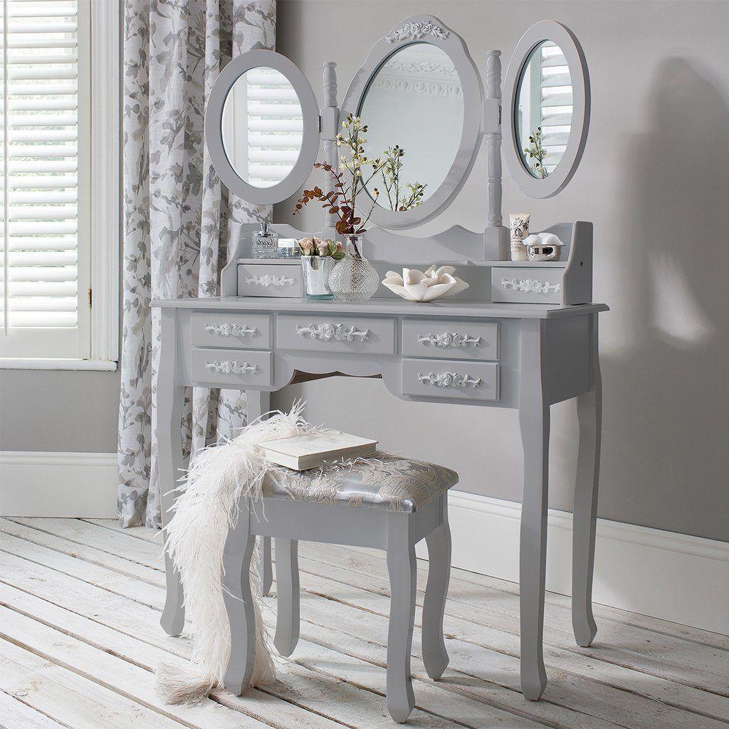 Monaco Dressing Table, Stool & Mirror Set - Grey Painted - In Stock Date - 2nd June 2020 - Laura James