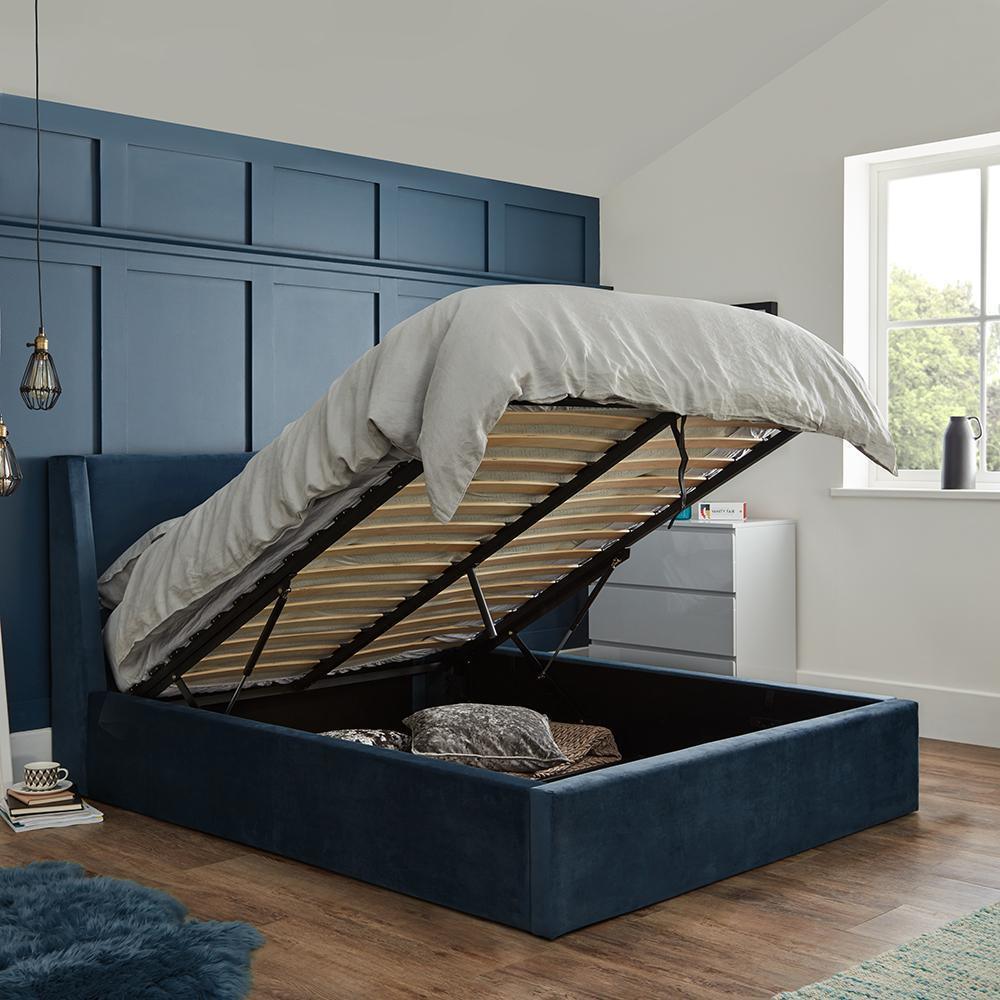 Blue velvet modern king size ottoman bed frame - Laura James