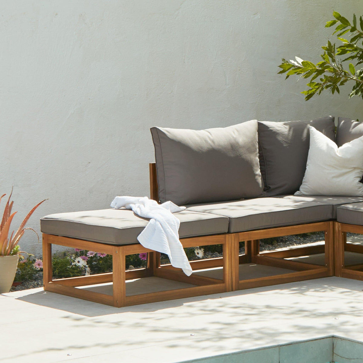 Rowan 4 Seater Wooden Garden Chaise Corner Sofa Set - Grey - Laura James