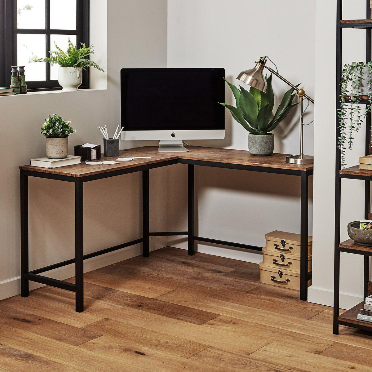 Sheffield corner desk and office chair set – Industrial - tan - Laura James