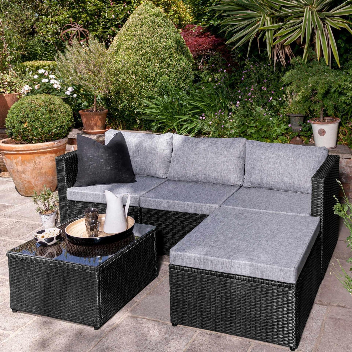 4 Seater Rattan Corner Sofa Set with Cantilever Parasol and Base - Black Weave - Laura James