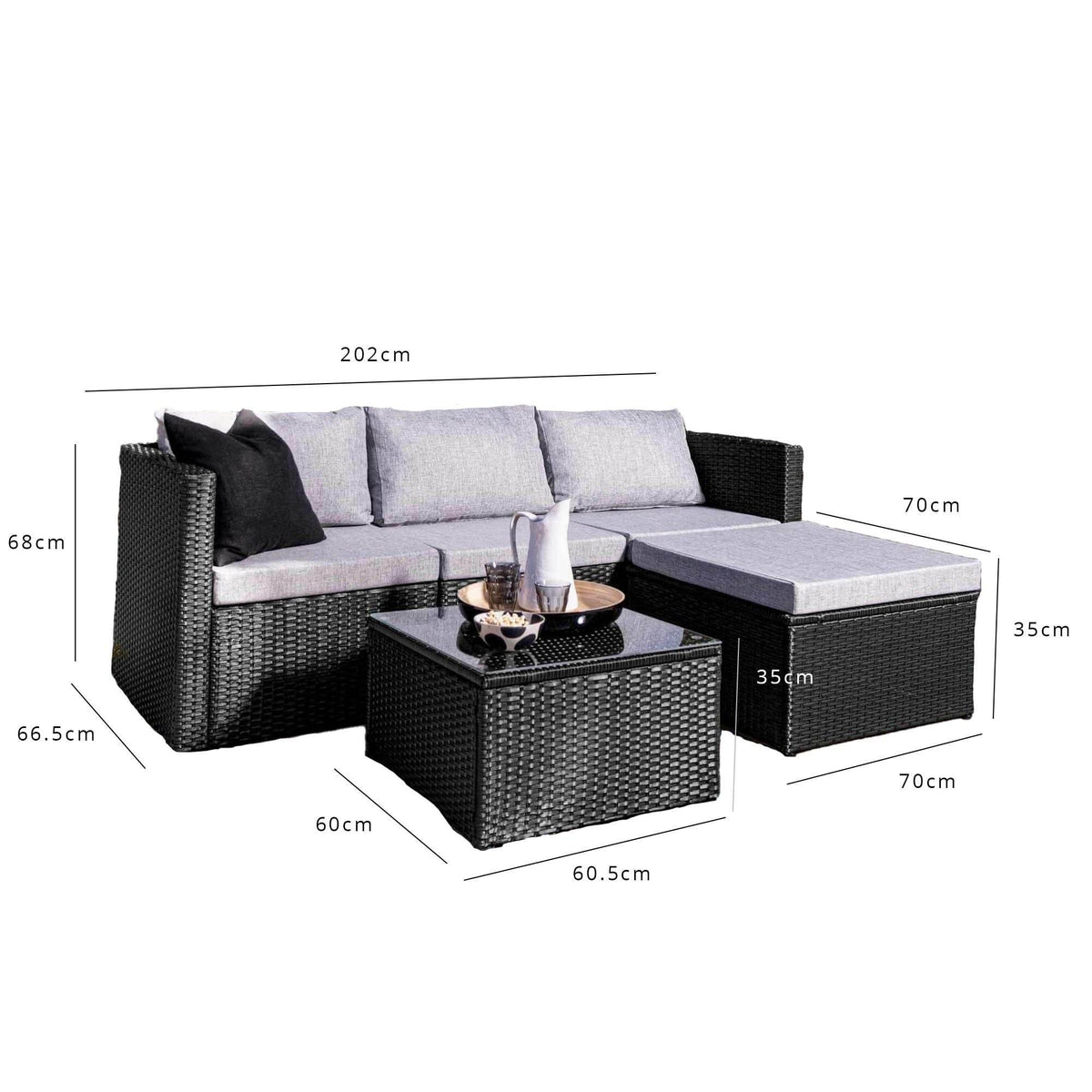 4 Seater Rattan Corner Sofa Set with Lean Over Parasol and Base - Black Weave - Laura James