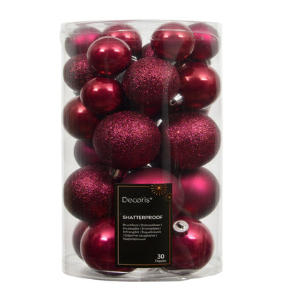 Valen Shatterproof Mixed Baubles - Set of 30 - Festive Pink