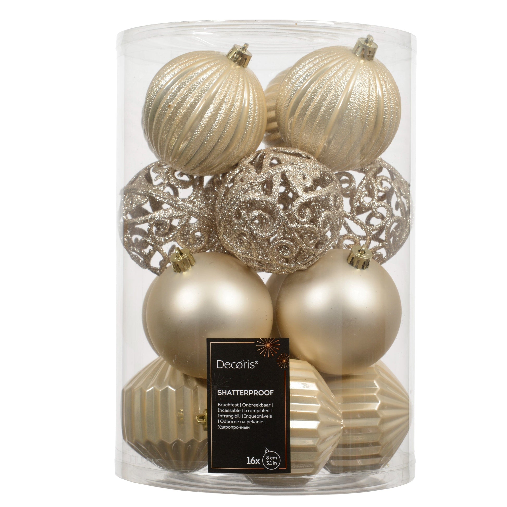 Valen Shatterproof 8cm Mixed Baubles - Set of 16 - Pearl Gold - Laura James 