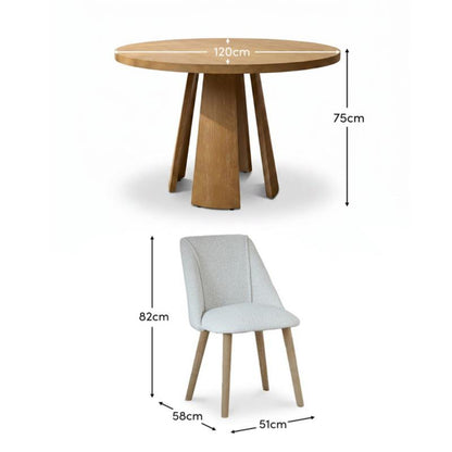 Farren 120cm Whitewash Oak Round Dining Table Set - 4 Seater - Freya Oat Boucle Dining Chairs with Whitewash Legs - Laura James 
