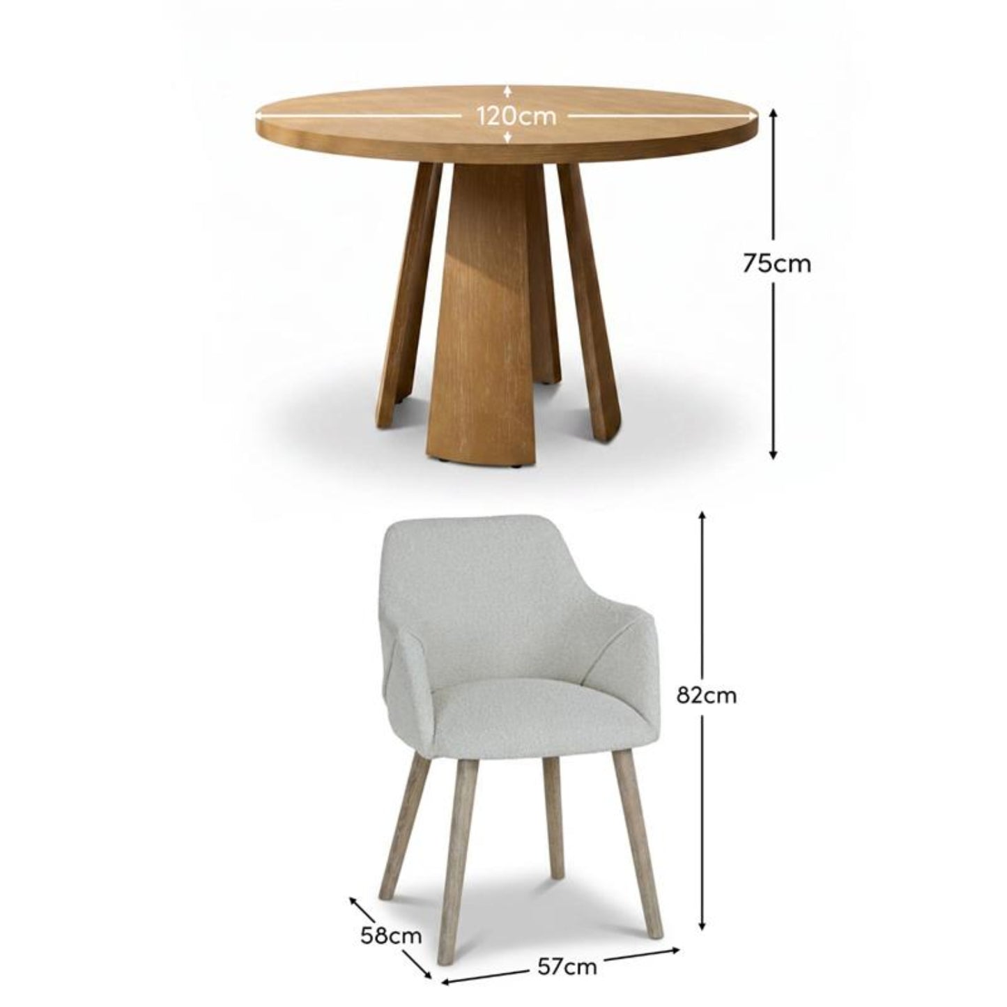 Farren 120cm Whitewash Oak Round Dining Table Set - 4 Seater - Freya Oat Boucle Dining Chairs with Whitewash Legs - Laura James