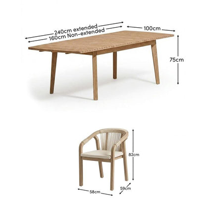 Saffron 6 Seater Extending Wooden Garden Dining Set with Shiro Beige Rope Chairs - Laura James