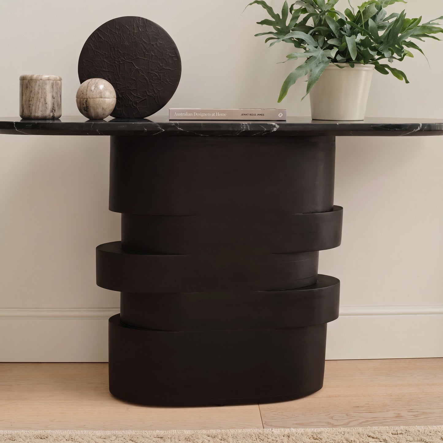 Adam 140cm Jet Black Mango Wood & Black Marble Oval Console Table - Laura James 