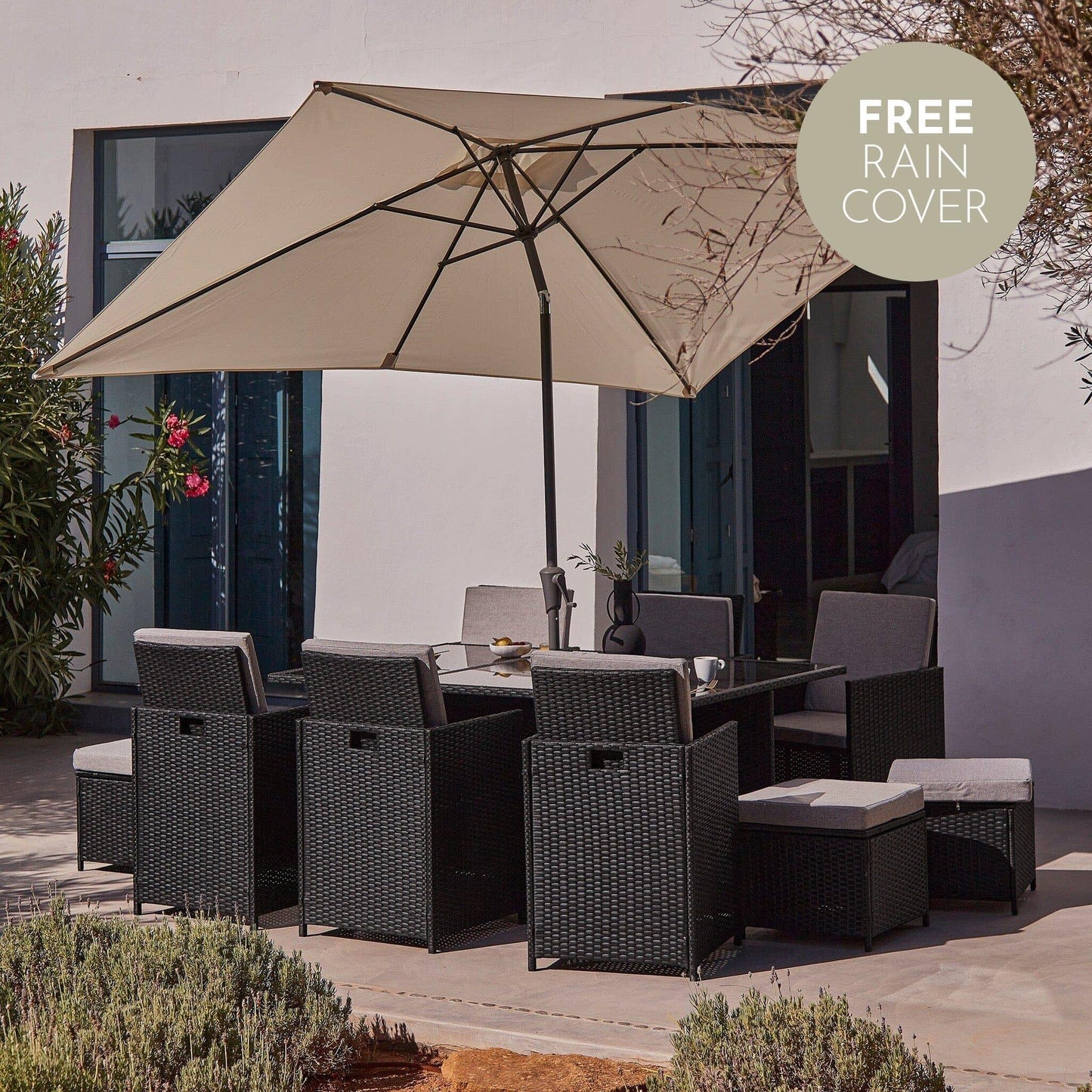 10 Seat Rattan Cube Outdoor Dining Set with LED Premium Parasol- Black Weave