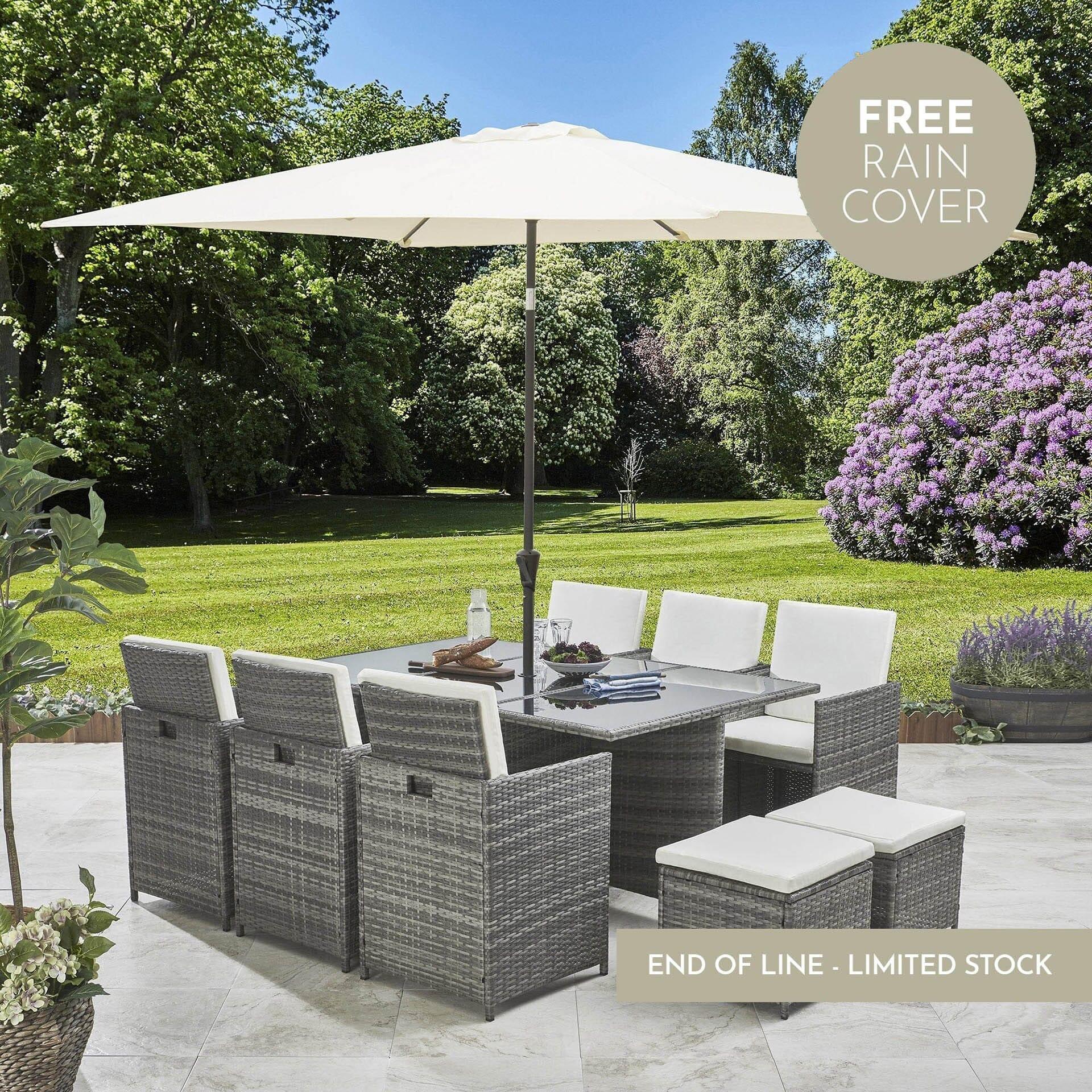 10 Seater Rattan Cube Garden Set with Cream Parasol - Outdoor Dining Furniture - (Grey Weave)