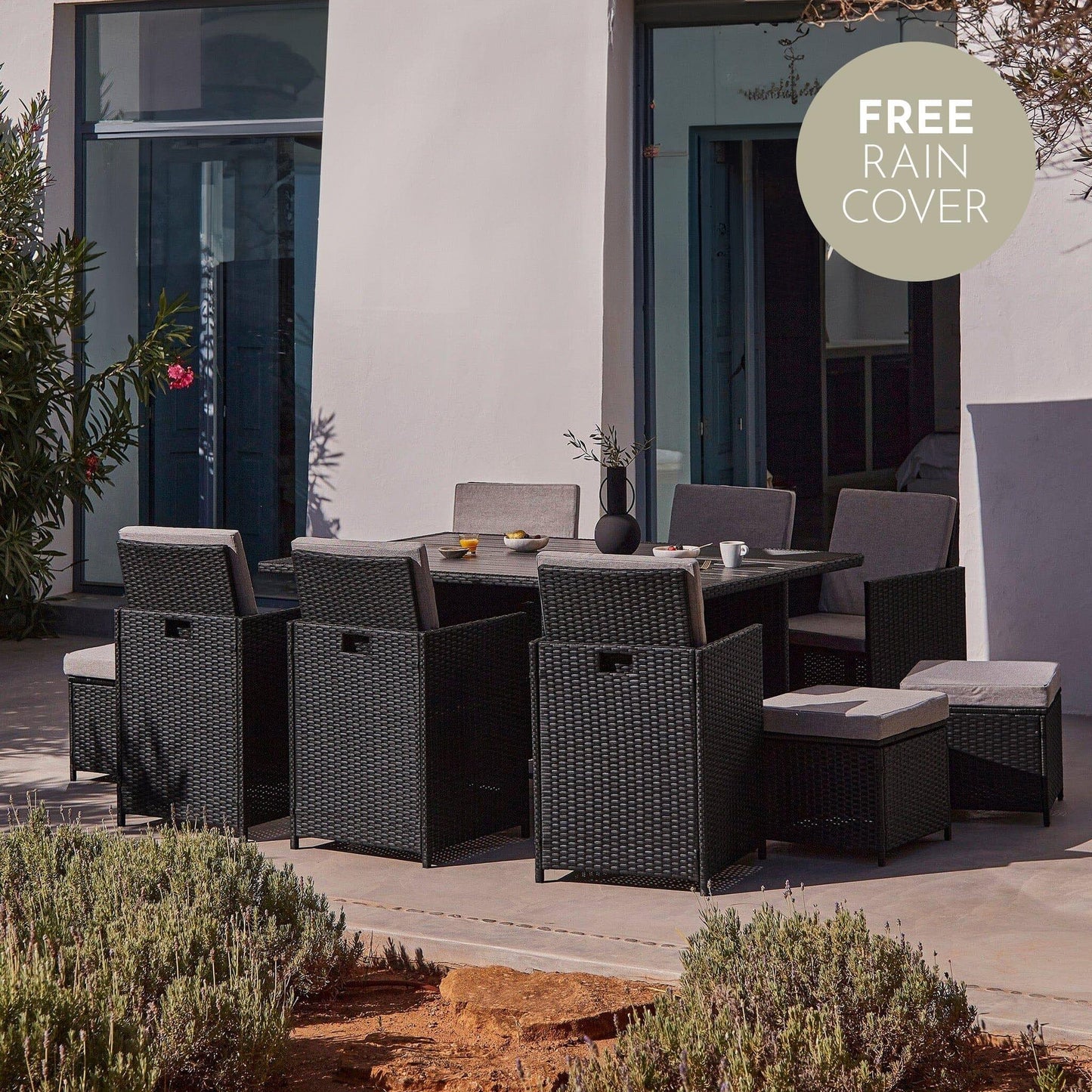 10 Seater Rattan Cube Outdoor Dining Set - Black Weave Polywood Top