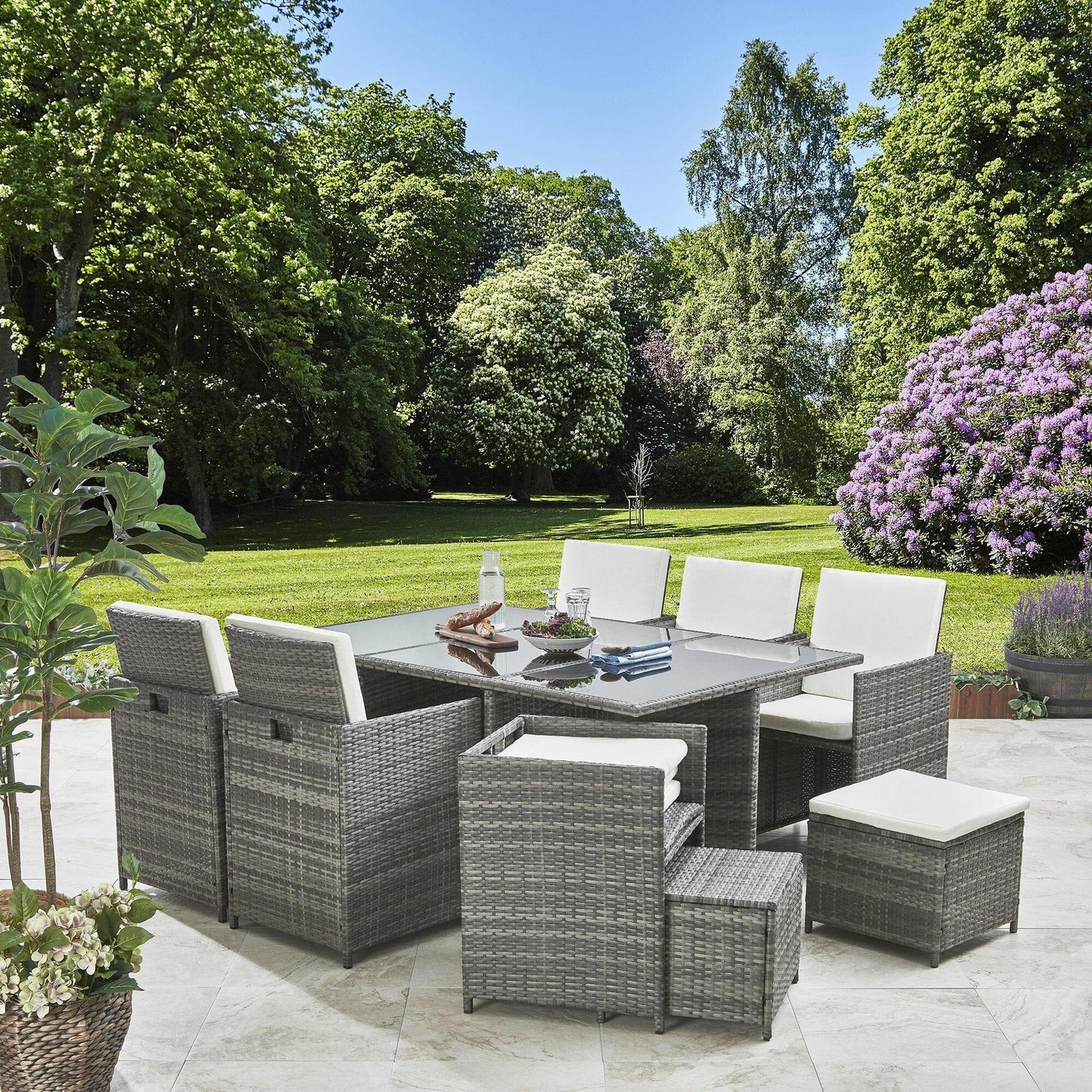 10 Seater Rattan Cube Outdoor Dining Set - Grey Weave Cream Cushions