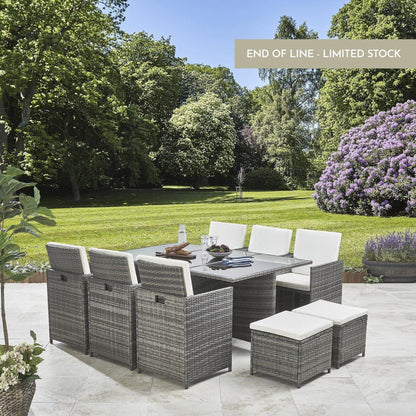 10 Seater Rattan Cube Outdoor Dining Set - Grey Weave Cream Cushions