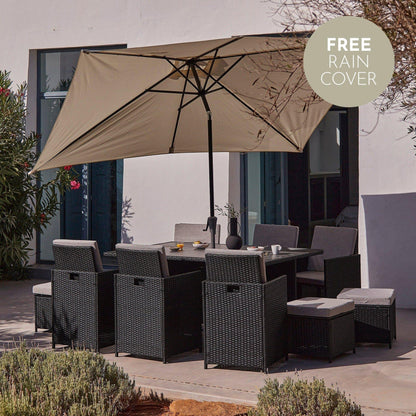 10 Seater Rattan Cube Outdoor Dining Set with Cream LED Premium Parasol- Black Weave Polywood Top
