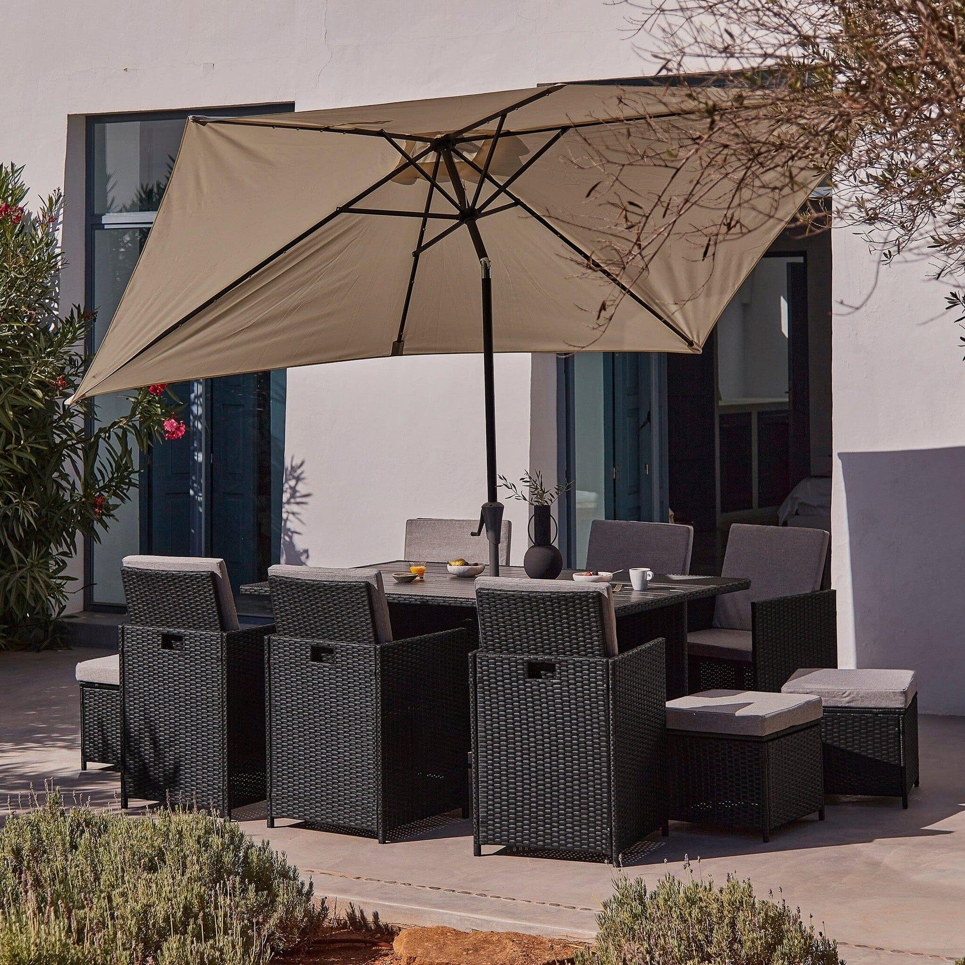 10 Seater Rattan Cube Outdoor Dining Set with Cream LED Premium Parasol- Black Weave Polywood Top