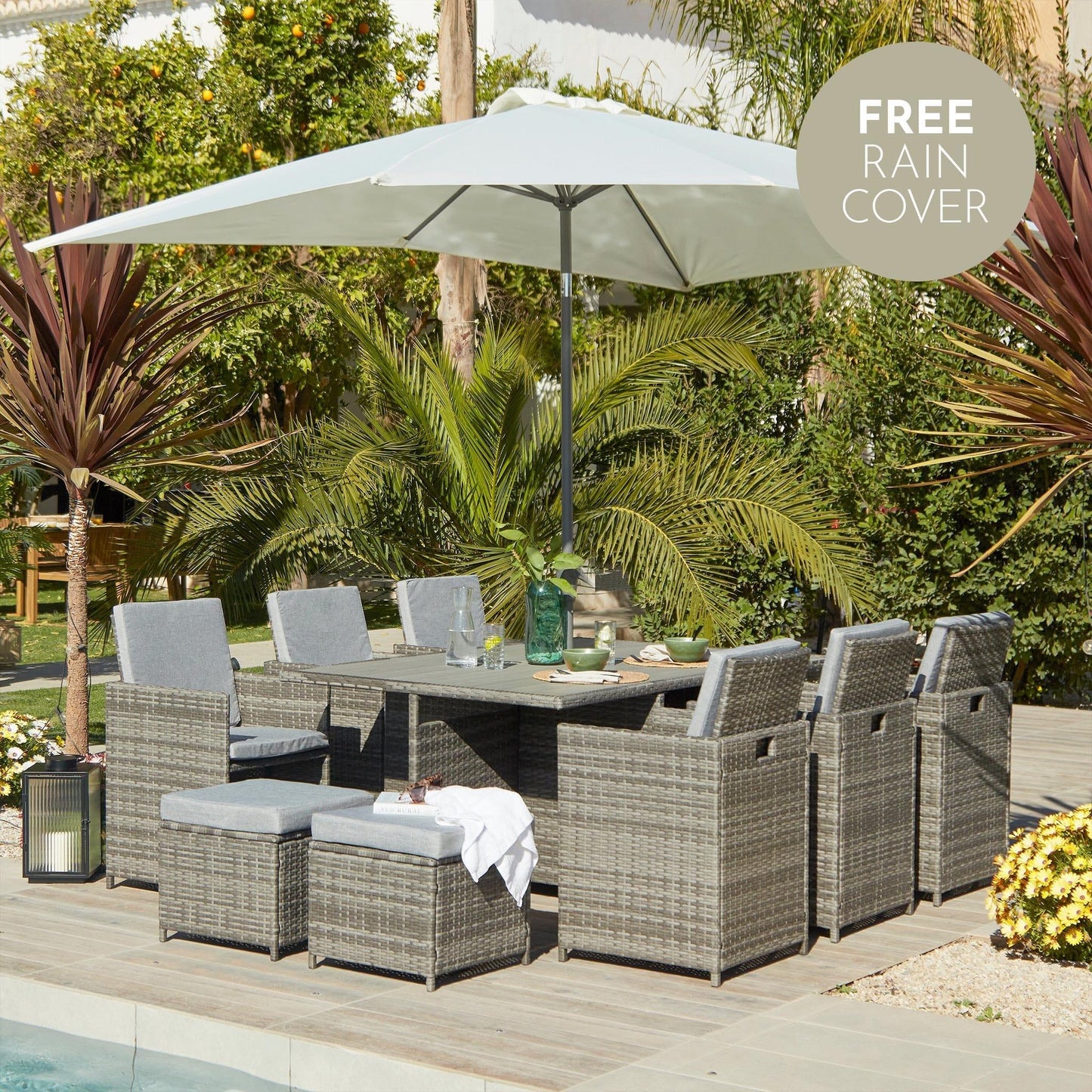 10 Seater Rattan Cube Outdoor Dining Set with Cream LED Premium Parasol - Grey Weave Polywood Top