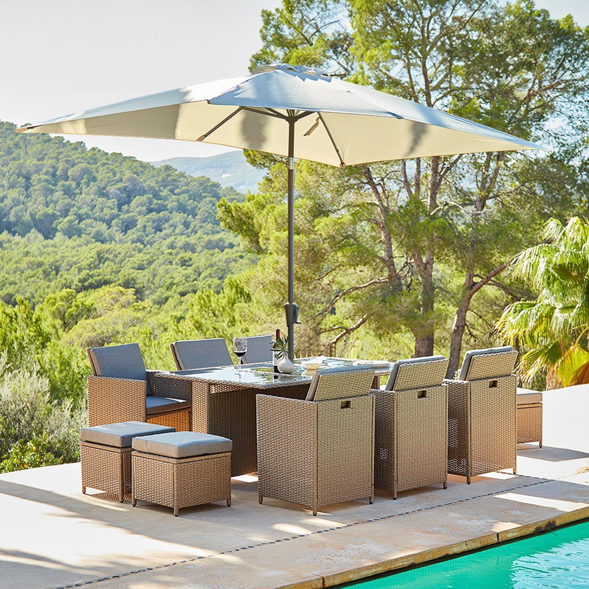 10 Seater Rattan Cube Outdoor Dining Set with Cream Parasol Natural Laura James