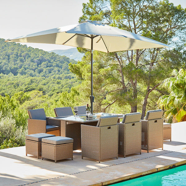Cream Rattan Dining Set 10 Seater Rattan Cube Outdoor Dining Set With Cream Parasol - Natural ...