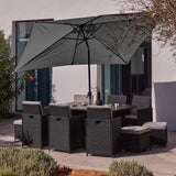 10 Seater Rattan Cube Outdoor Dining Set with Grey LED Premium Parasol - Black Weave Polywood Top