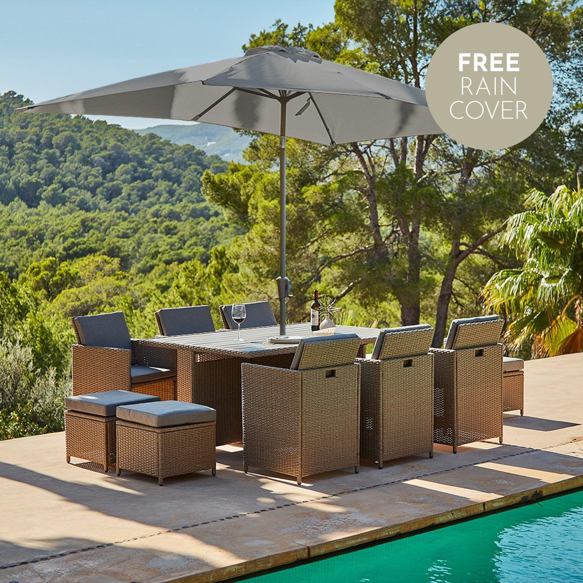 10 Seater Rattan Cube Outdoor Dining Set with Grey LED Premium Parasol - Natural Brown Weave Polywood Top