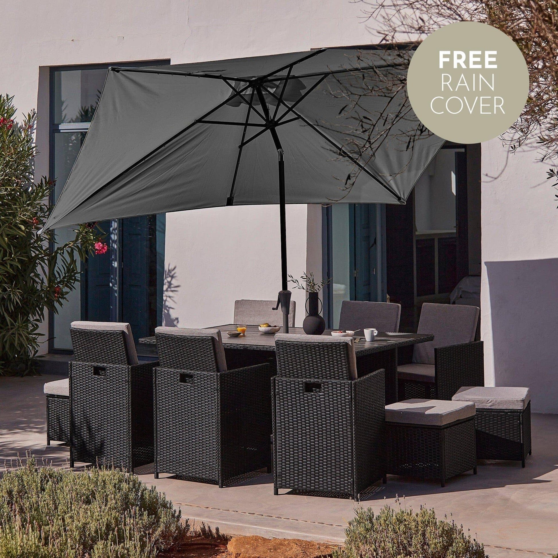 10 Seater Rattan Cube Outdoor Dining Set with Grey Parasol - Black Weave Polywood Top