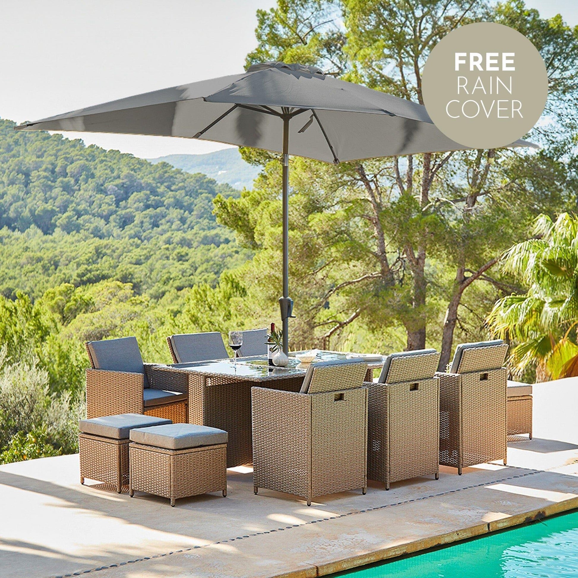 Cube 10 Seater Dining Set + Grey Rectangular Parasol - Natural Brown Weave Black Glass Top