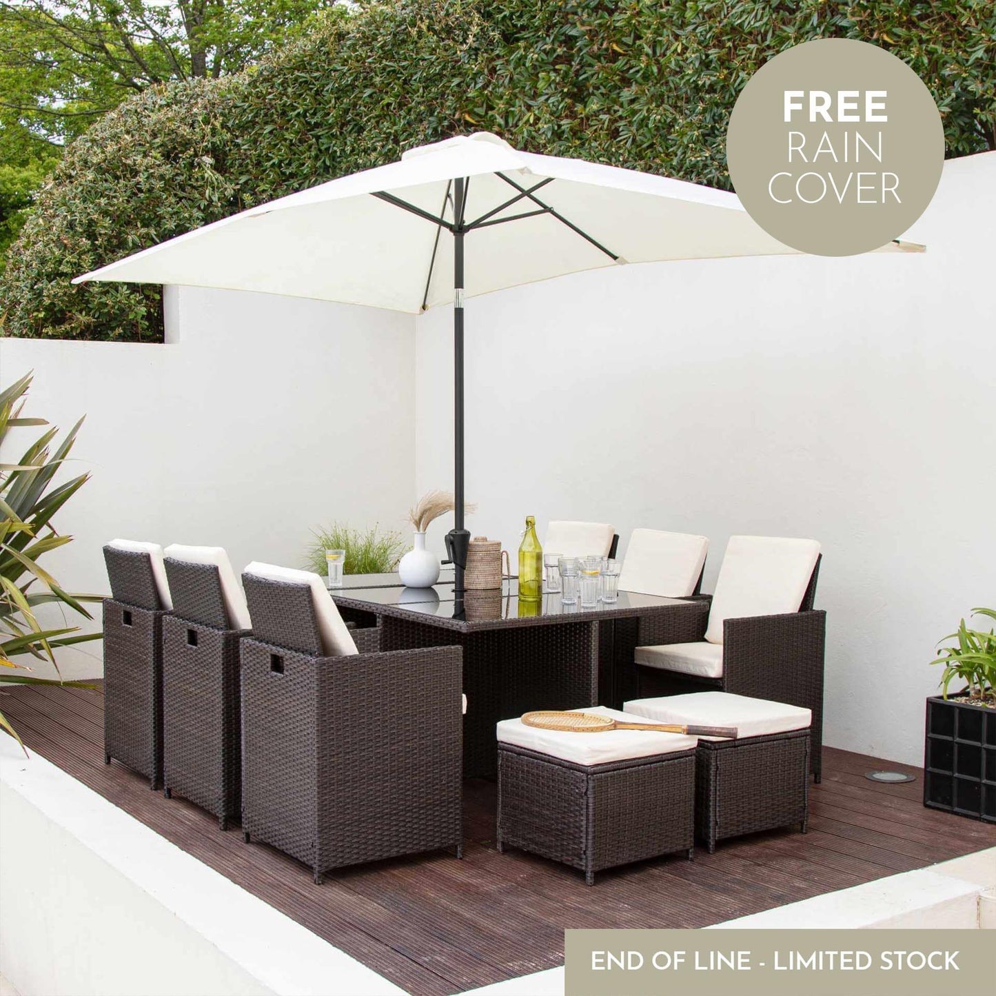 10 Seater Rattan Cube Outdoor Dining Set with Parasol - Mixed Brown Weave - Laura James
