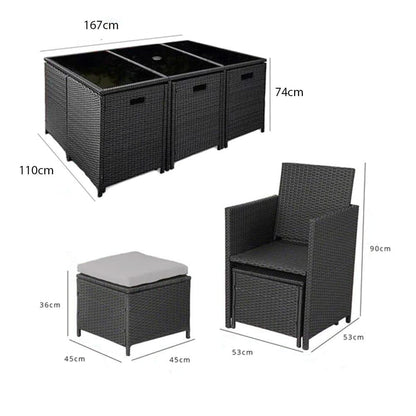 10 Seater Rattan Cube Outdoor Dining Set - Black Weave