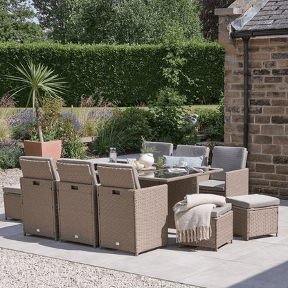 Cube 10 Seater Rattan Outdoor Dining Set -  Natural Brown Weave