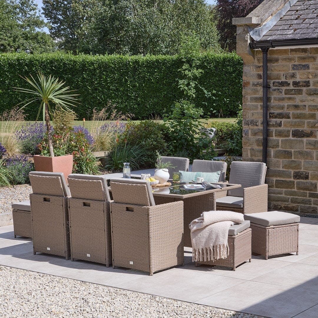 Cube 10 Seater Natural Rattan Garden Dining Set with Grey Parasol
