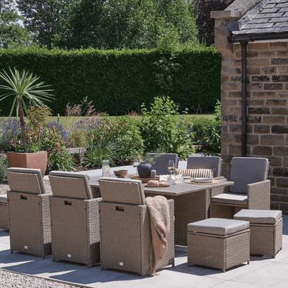 Cube 10 Seater Rattan Outdoor Dining Set - Natural Brown Weave Polywood Top