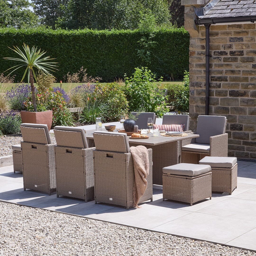 Cube 10 Seater Natural Rattan Garden Dining Set & Cream LED