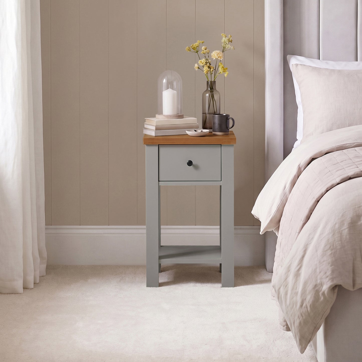Bampton 1 Drawer Bedside Table - Stone Grey - Laura James 