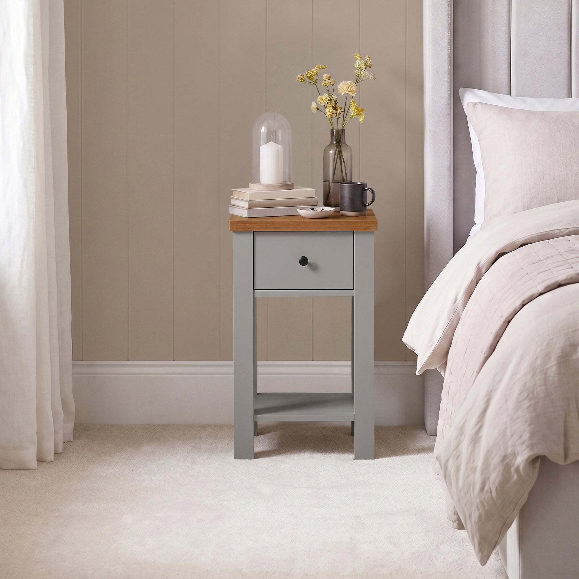 Bampton 1 Drawer Bedside Table - Stone Grey - Laura James 