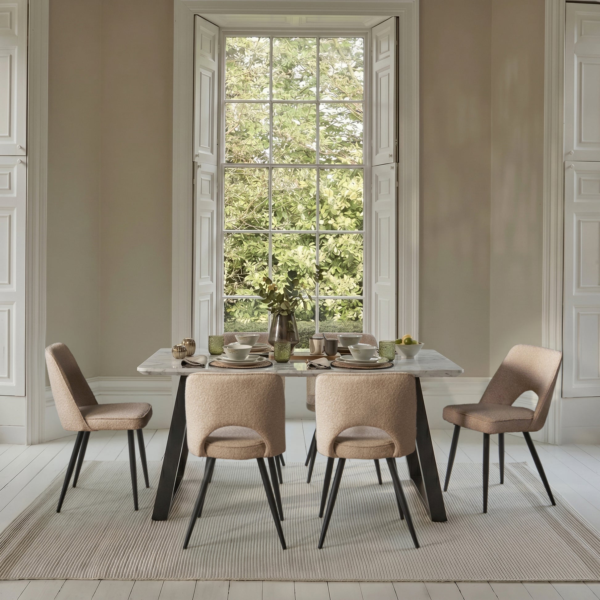 Atlas 160cm White Marble Veneer Dining Table Set - 6 Seater - Dolly Dining Chairs - Cream Boucle - Black Legs - Laura James 
