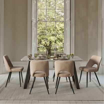 Atlas 160cm White Marble Veneer Dining Table Set - 6 Seater - Dolly Cream Boucle Dining Chairs with Black Legs - Laura James