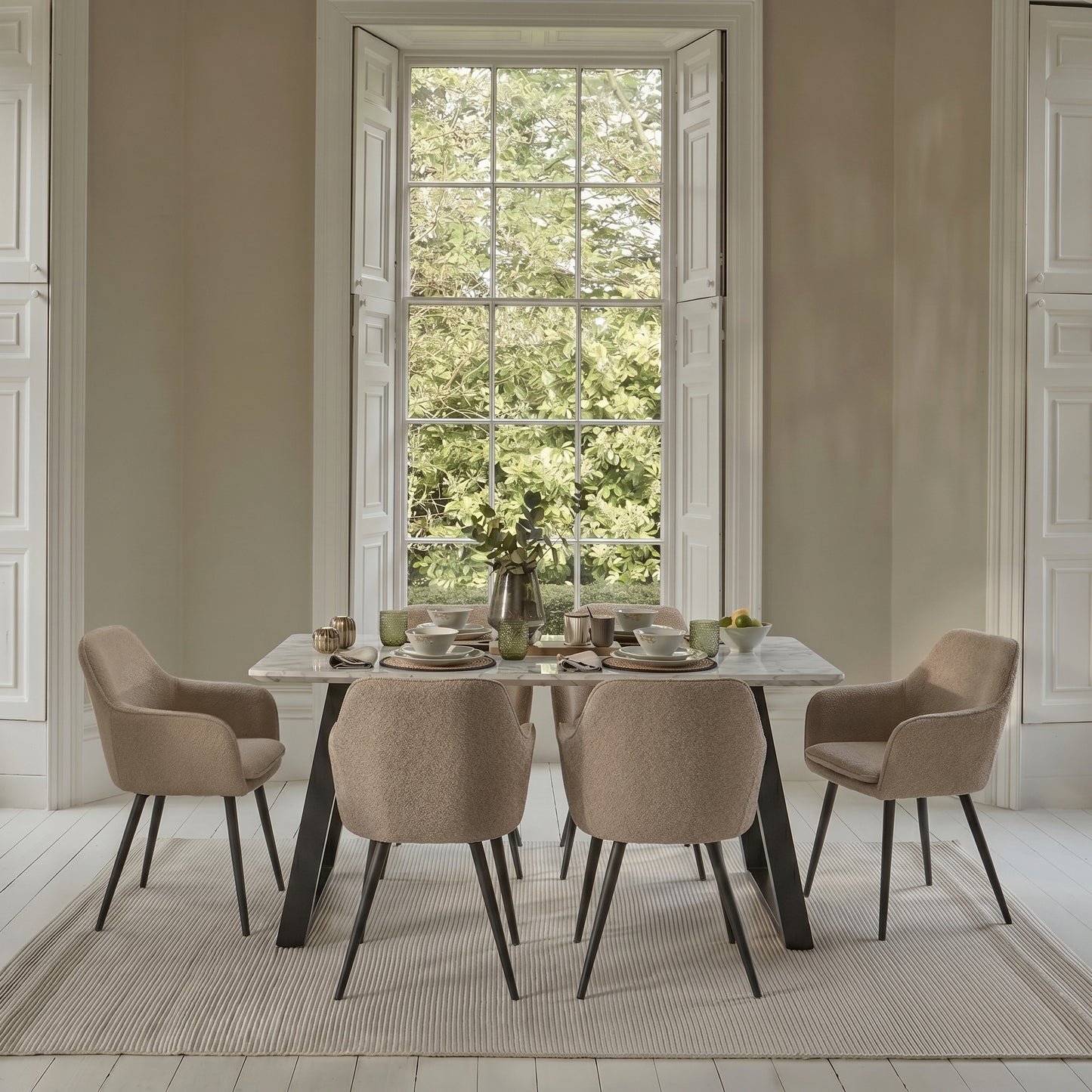 Atlas 160cm White Marble Veneer Dining Table Set - 6 Seater - Dolly Armchairs - Cream Boucle - Black Legs - Laura James
