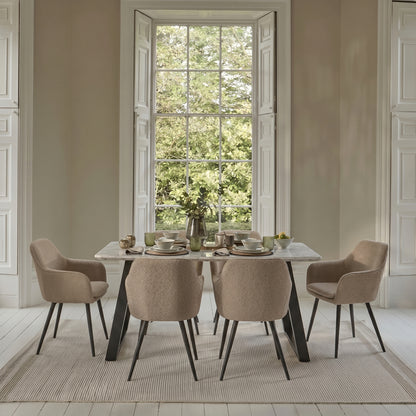 Atlas 160cm White Marble Veneer Dining Table Set - 6 Seater - Dolly Armchairs - Cream Boucle - Black Legs - Laura James