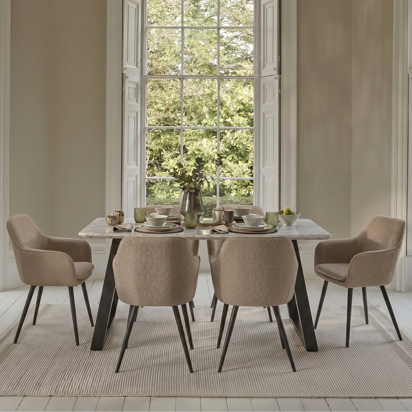 Atlas 160cm White Marble Veneer Dining Table Set - 6 Seater - Dolly Armchairs - Cream Boucle - Black Legs - Laura James