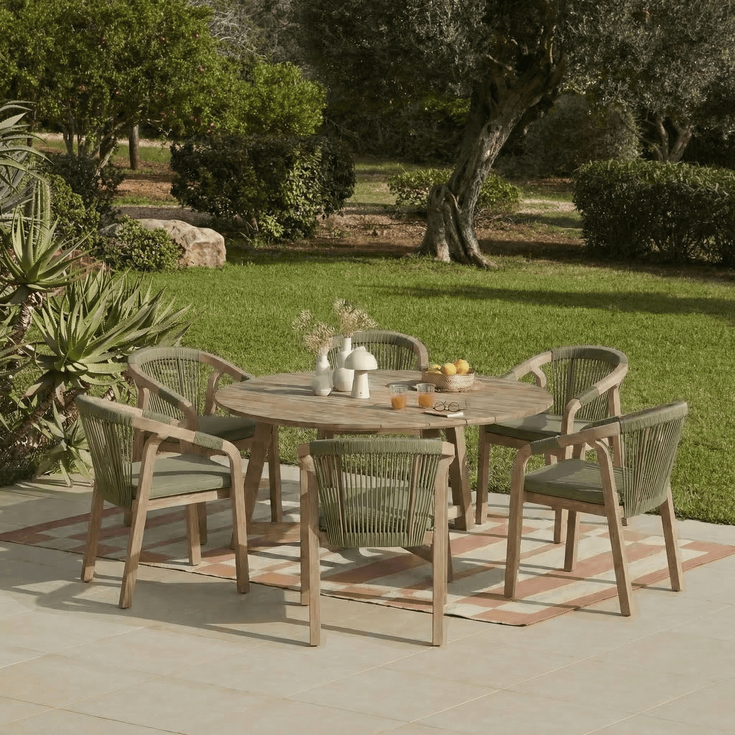 Shiro 6 Seater Round Wooden Garden Dining Set with Shiro Green Rope Dining Chairs - 160cm - Laura James