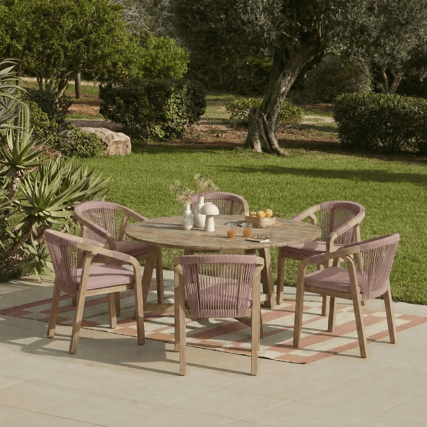 Shiro 6 Seater Wooden Garden Dining Set with Shiro Pink Rope Dining Chairs - 160cm - Laura James