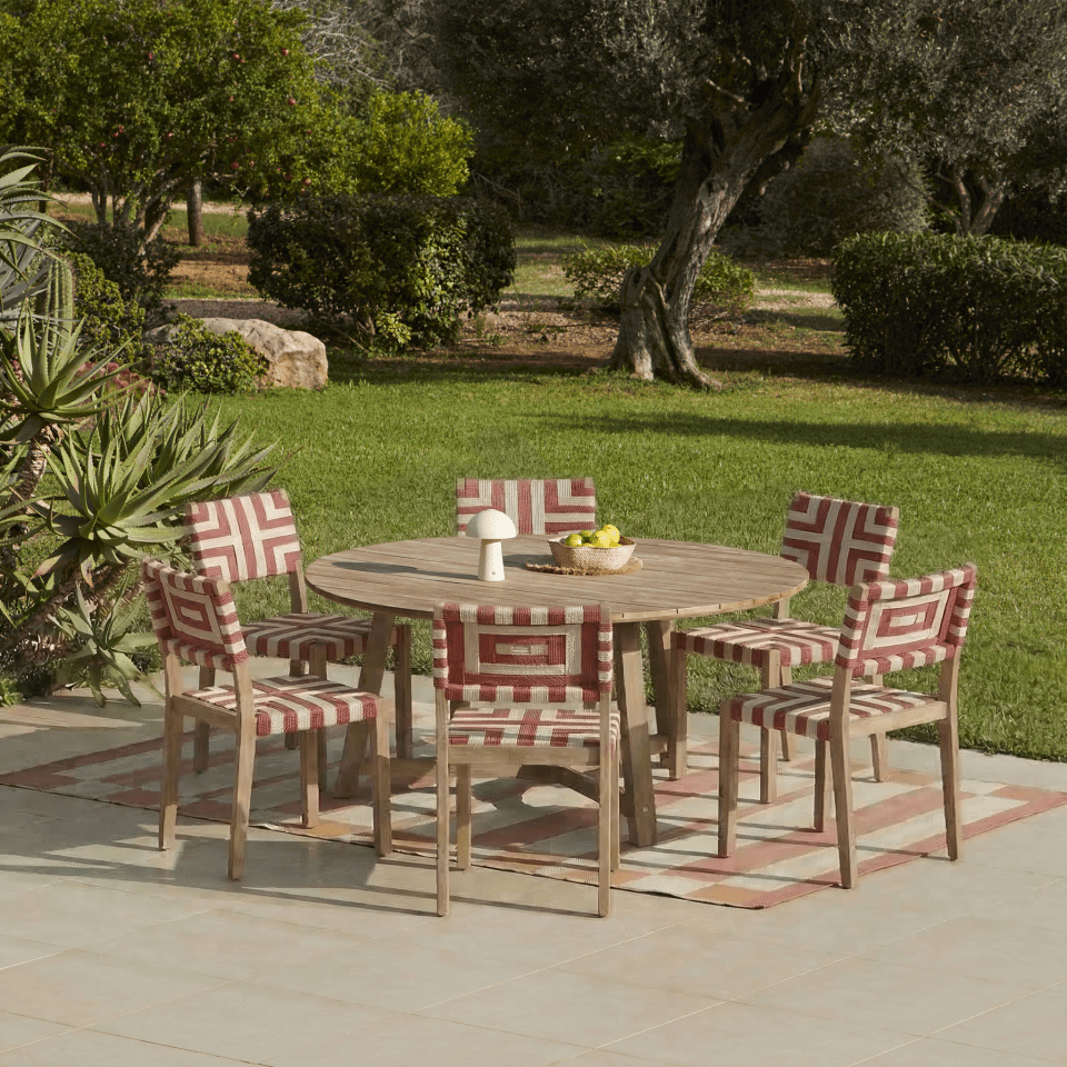 Shiro 6 Seater Round Wooden Garden Dining Set with Saffron Dining Chairs - Paprika/Beige - Laura James 