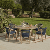 Shiro 6 Seater Round Wooden Garden Dining Set with Shiro Navy Rope Dining Chairs -160cm - Laura James