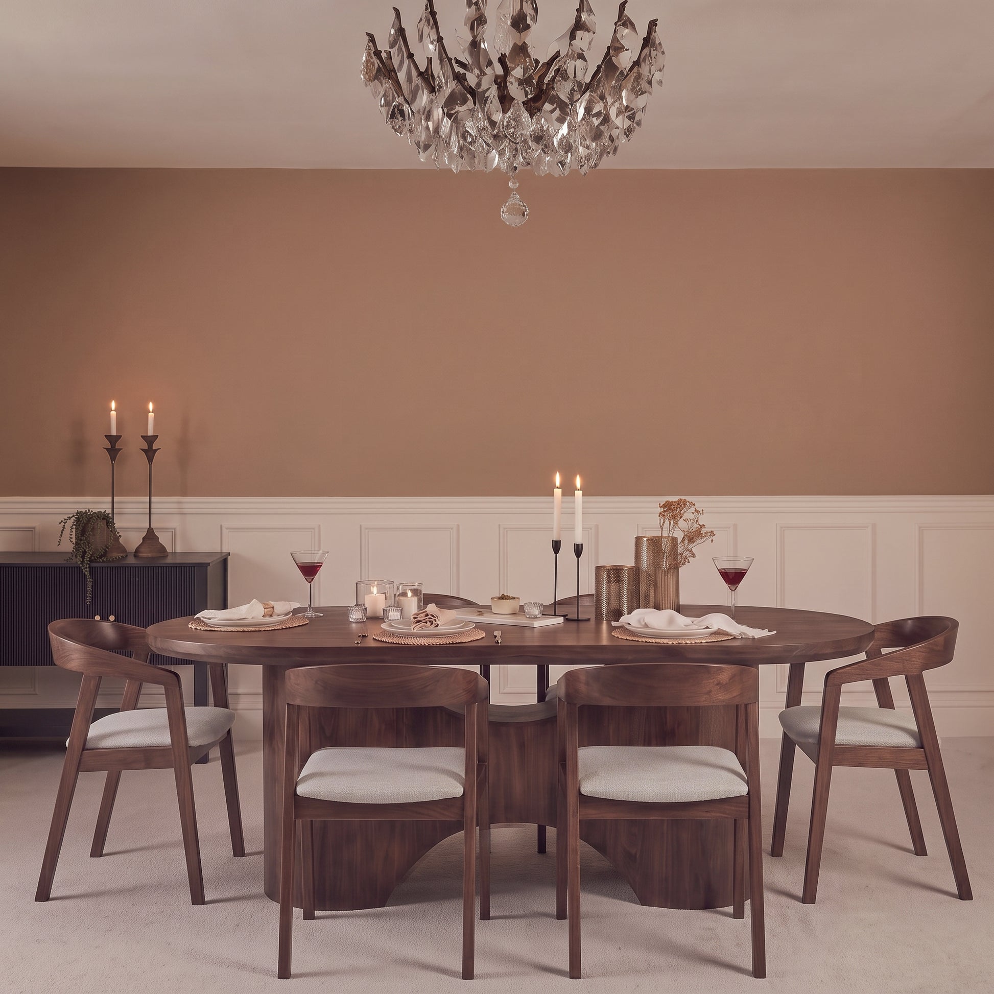 Octavia 220cm Coffee Brown Mango Wood Dining Table Set - 6 Seater - Ella Fawn Linen Dining Armchairs - Coffee Brown Legs - Laura James 