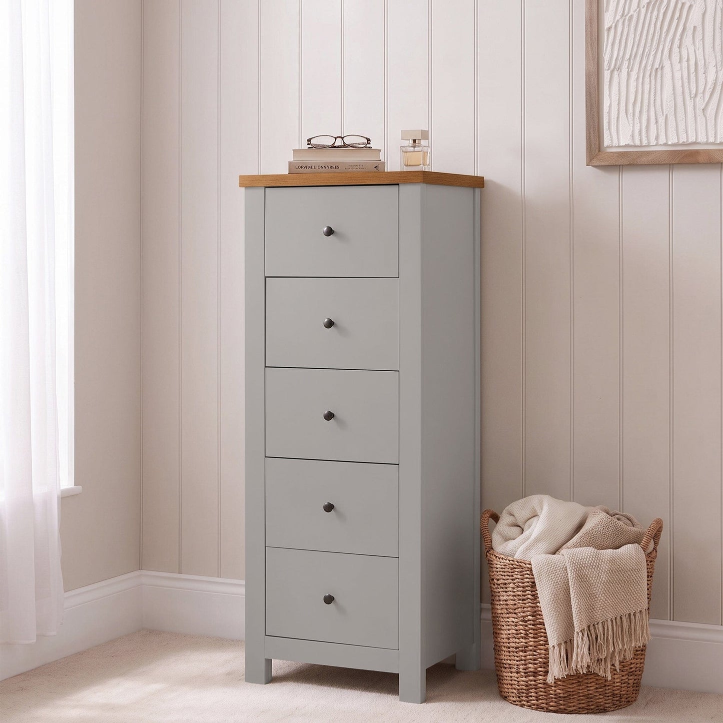 Bampton 5 Drawer Tallboy - Stone Grey - Laura James 