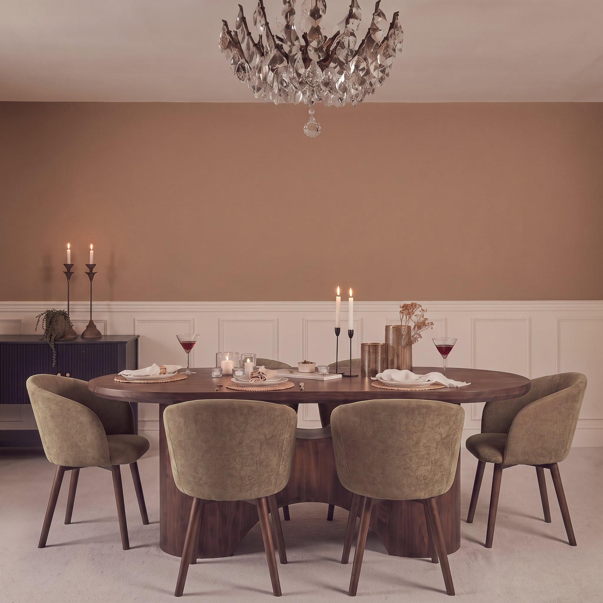 Octavia 220cm Coffee Brown Mango Wood Dining Table Set - 6 Seater - Archer Natural Brown Dining Chairs - Coffee Brown Legs - Laura James 