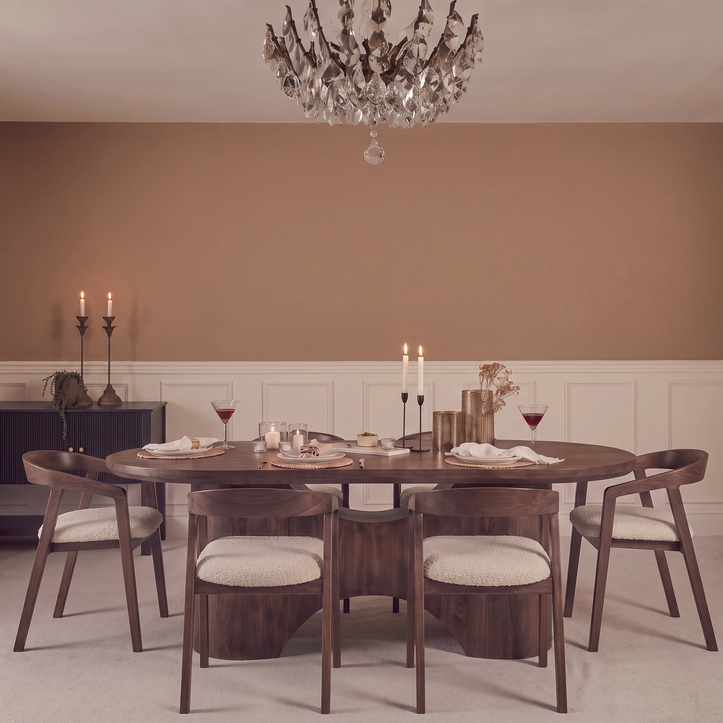 Octavia 220cm Coffee Brown Mango Wood Dining Table Set - 6 Seater - Ella Off White Boucle Carver Chairs - Coffee Brown Legs - Laura James 