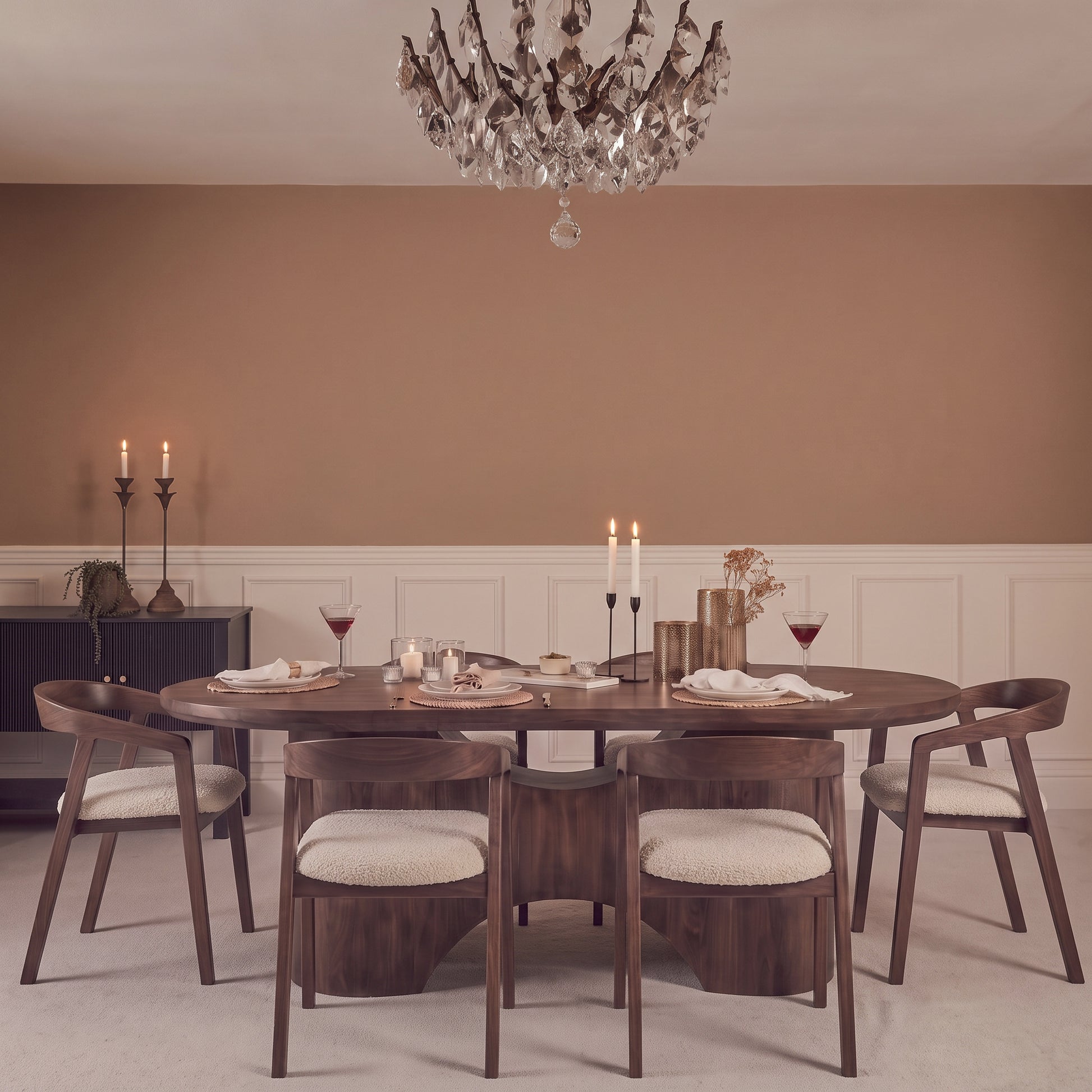 Octavia 220cm Coffee Brown Mango Wood Dining Table Set - 6 Seater - Ella Off White Boucle Carver Chairs - Coffee Brown Legs - Laura James 