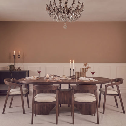Octavia 220cm Coffee Brown Mango Wood Dining Table Set - 6 Seater - Ella Off White Boucle Carver Chairs - Coffee Brown Legs - Laura James 