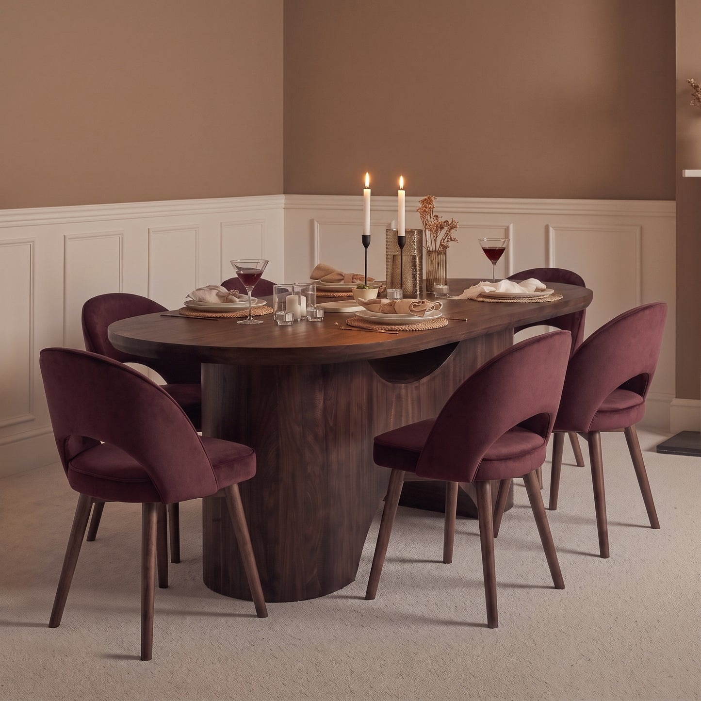 Octavia 220cm Coffee Brown Mango Wood Dining Table Set - 6 Seater - Marilyn Burgundy Red Dining Chairs - Coffee Brown Legs - Laura James 